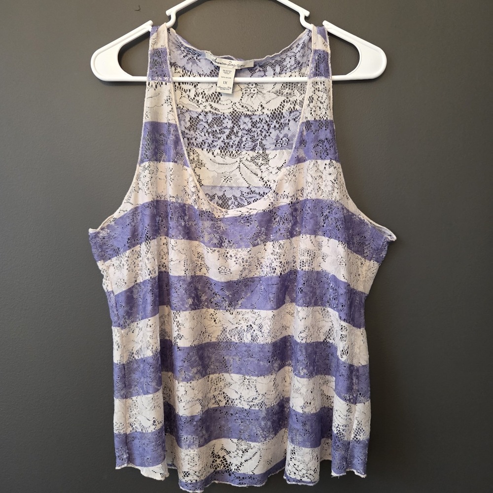 American Rag Cie Women's Sheer Lace Tank Top Size 1X Blue White Stripe Boho
